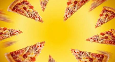 Composite image of pizza against yellow background with vignetteの素材