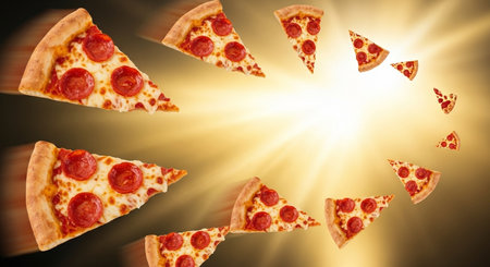 Slices of pizza on a yellow background with rays of lightの素材