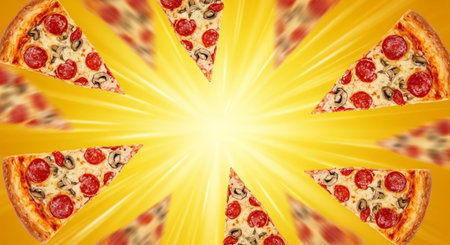 Pizza slice with pepperoni and mozzarella on yellow backgroundの素材