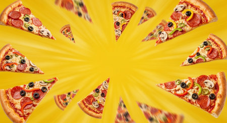 Pizza flying in the air with yellow background and copy space.の素材