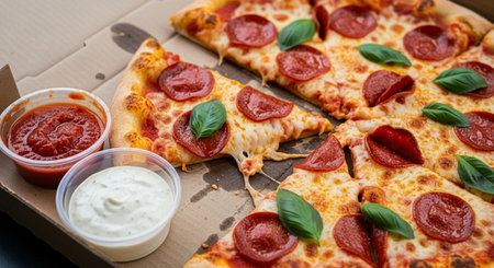 Slices of pizza with mozzarella, tomato sauce and basil on cardboard boxの素材
