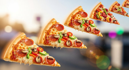 Pizza flying in the air on blurred background with bokehの素材