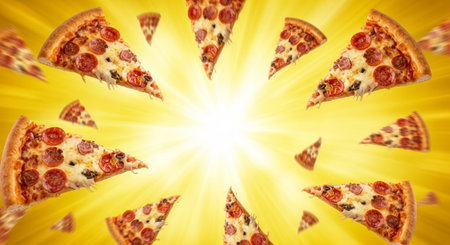 Composite image of flying pizza against yellow background with sunburstの素材