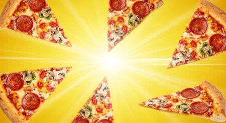 Pizza on a yellow background with sun rays and lens flare.の素材