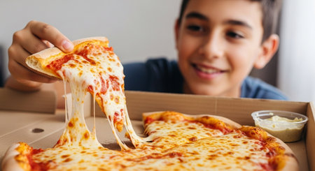 Young boy eating pizza at home. Selective focus on pizza.の素材