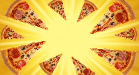 Slices of pizza on a yellow background. Close-up.の素材
