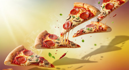 Flying pizza with flying ingredients on colorful background. Elements of this image are furnished by NASAの素材