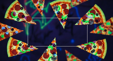 Slices of pizza on a black background. Top view.の素材