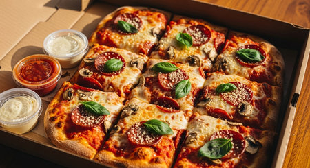 Delicious italian pizza with mozzarella cheese, tomatoes and mushrooms in cardboard boxの素材