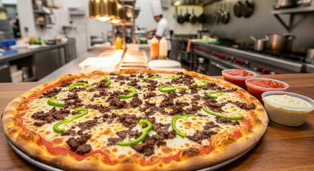 Pizza with meat and green pepper on the table in the restaurantの素材
