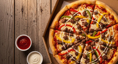 Pizza with beef, pepper, onion and tomato sauce on wooden tableの素材
