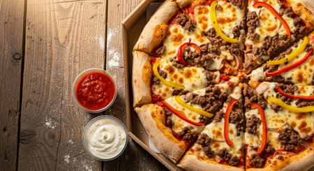 Pizza with minced meat and vegetables in a box on a wooden tableの素材