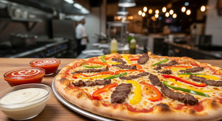 Pizza with beef and vegetables on a wooden table in a restaurantの素材