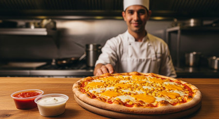 Chef preparing pizza in the kitchen at restaurant or hotel. Food and restaurant concept.の素材