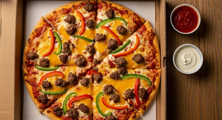 Pizza with meat and vegetables on a wooden table. Top viewの素材