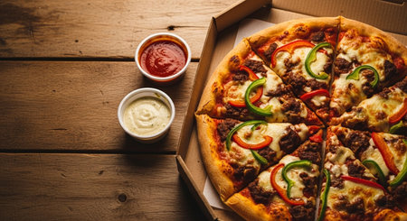 Pizza with beef and vegetables in delivery box on wooden table.の素材