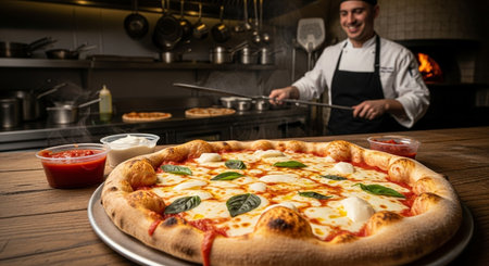 Chef is preparing pizza in the kitchen of the restaurant. Restaurantの素材