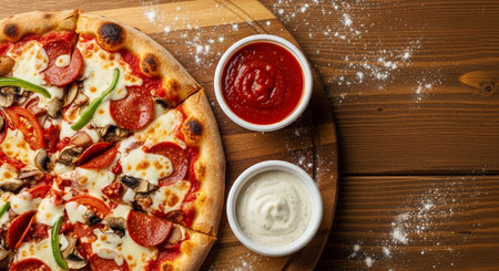 Pizza with mozzarella cheese, salami, mushrooms and tomatoes on wooden backgroundの素材