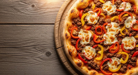 Pizza with minced meat, pepper and cheese on a wooden backgroundの素材