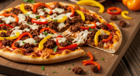 Pizza with minced meat, cheese and vegetables on wooden table.の素材