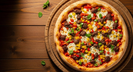 pizza with meat, vegetables and mozzarella on wooden backgroundの素材