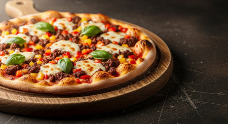 Pizza with meat, vegetables and mozzarella on wooden boardの素材