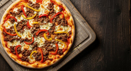 Pizza with minced meat, bell pepper and mozzarella cheese on wooden cutting boardの素材
