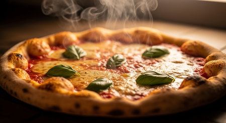 Pizza with mozzarella, tomato and basil on wooden tableの素材
