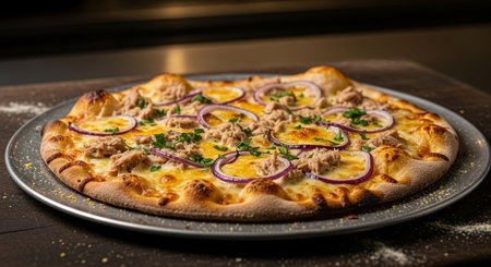 Pizza with tuna, onion and parsley on a black plateの素材