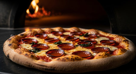 Hot pizza with tomatoes and mozzarella on a black background.の素材