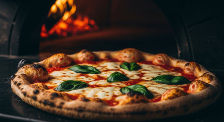 pizza with mozzarella cheese, tomato and basil in ovenの素材