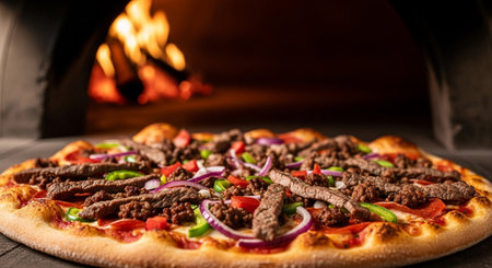 Pizza with beef and vegetables on a wooden table near the fireplaceの素材