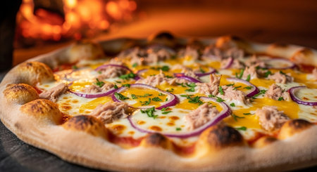 Pizza with tuna, eggs and onion on a wooden table.の素材