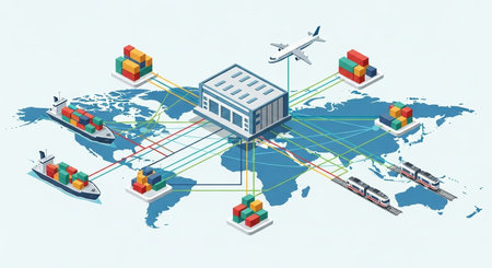 Isometric flat vector concept of international shipping, logistics and transportation.の素材