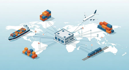 Isometric vector illustration of freight transportation. Cargo ship with containers on world map.の素材