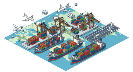 Illustration of a Isometric Cargo Ship and Container Terminal on a White Backgroundの素材