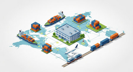 Logistics and transportation of goods around the world. 3D isometric vector illustration.の素材
