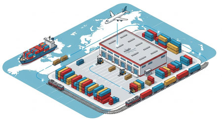 Isometric illustration of a cargo ship with containers on the world mapの素材