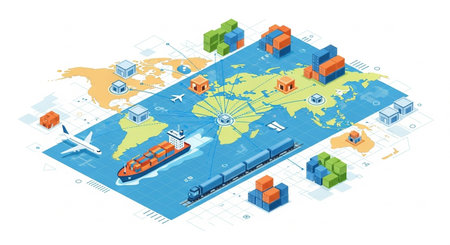 Isometric flat vector illustration of freight transportation and logistics. Freight transport on the world map.の素材