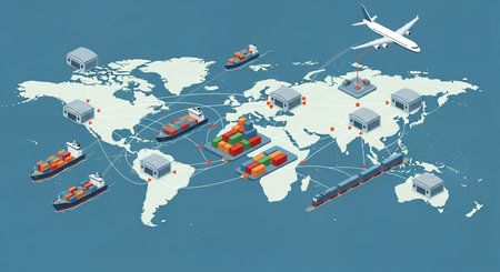 Isometric image of a world map with containers and cargo ships.の素材