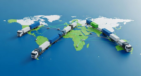 Truck and world map on blue background. 3d illustration.の素材