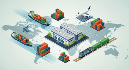 Isometric flat 3D illustration of cargo freight ship, train, container terminal and cargo plane on the world mapの素材