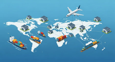 Transportation of goods around the world. 3d isometric vector illustration.の素材