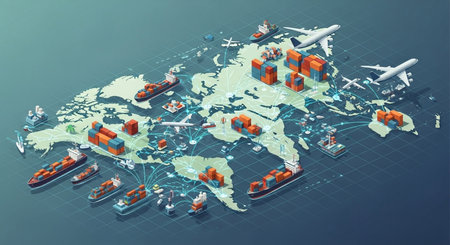 Isometric concept of global logistics and transportation. Cargo ship, airplane, cargo plane, world map. Vector illustration.の素材