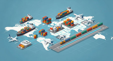 Isometric flat 3D vector illustration of the world map with containers and freight shipsの素材