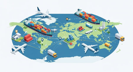 Isometric flat vector illustration of international logistics and transportation. Cargo ship, plane, truck, ship, container on the world map.の素材