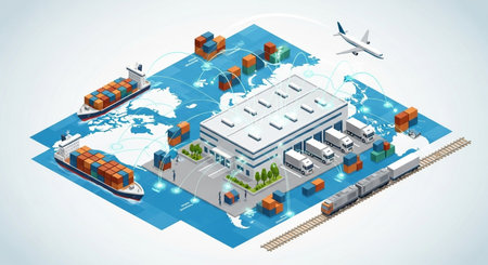 Isometric Logistics and transportation of goods and cargo. Cargo freight ship, ship, airplane and warehouse. Logistics and delivery of goods.の素材