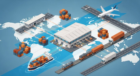 Cargo shipping isometric background with container terminal and freight ship vector illustrationの素材