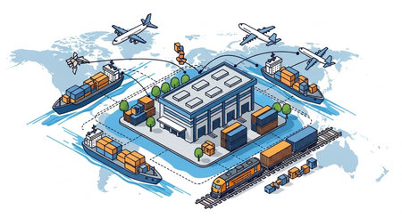 Cargo transportation and shipping on the world map isometric vector illustrationの素材