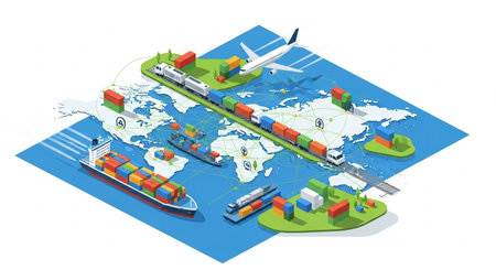 Isometric flat 3D vector illustration of cargo ship, cargo plane, freight train, container truck, freight ship and world mapの素材